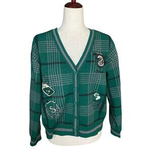 Harry Potter Wizarding World Proud Slytherin Green Plaid Cardigan Womens M
